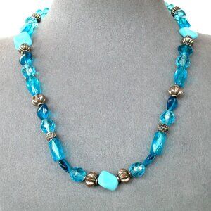 Handcrafted Silver Rose Toggle Necklace With Blue Glass & Turquoise Beads